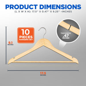 10-Pack Wooden Coat Hangers - Durable, Space-Saving, 360° Swivel Hook Natural