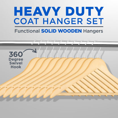 Wooden Coat Hangers 20 Pack, Durable 360° Swivel Hook, Natural Wood