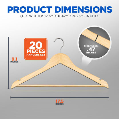 Wooden Coat Hangers 20 Pack, Durable 360° Swivel Hook, Natural Wood