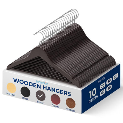 Wooden Coat Hangers 10-Pack, Durable 360° Swivel Hook, Natural Wood