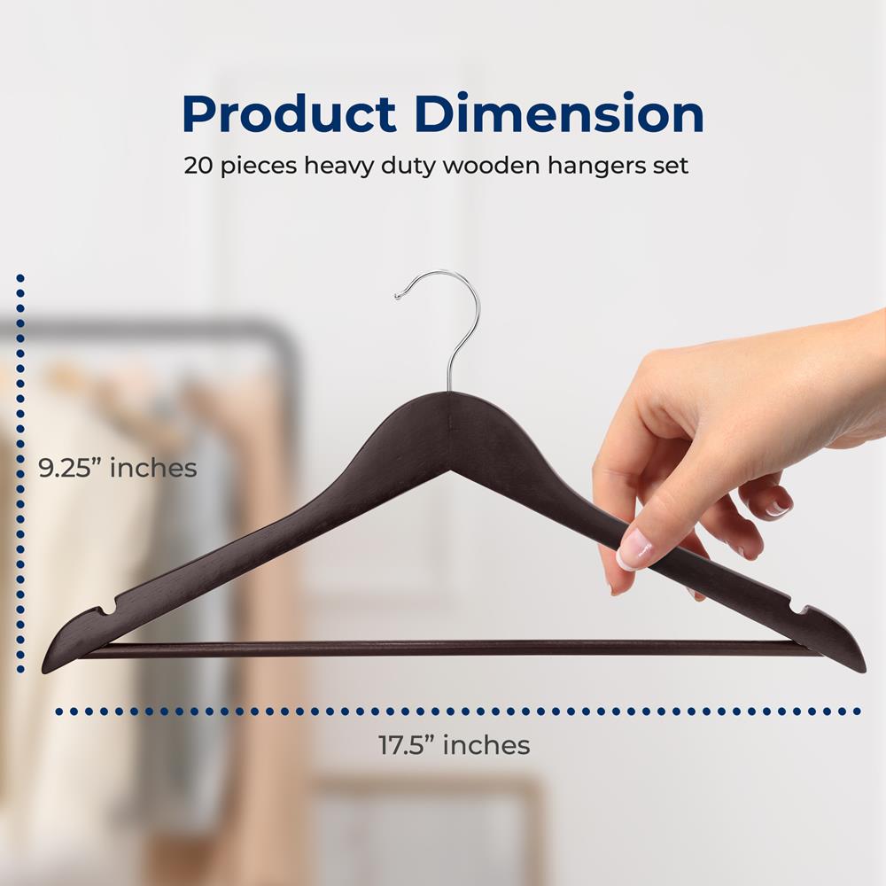 20-Pack Wooden Hangers, Heavy Duty 10 lb, Non-Slip, Brown