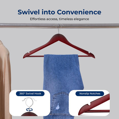 20-Pack Wooden Coat Hangers - Durable, Space-Saving, 360° Swivel Hook