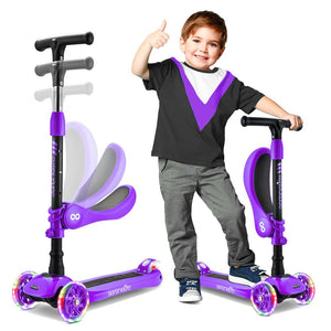 3-Wheel Kids Scooter, Sit/Stand, LED Wheels, Adjustable, Violet