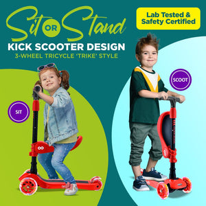 Infinity 3-Wheel Kids Scooter - Child & Toddler Toy Scooter With Built-In Led Wheel Lights, Fold-Out Comfort Seat (Red)