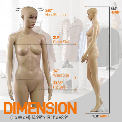 Mannequin féminin grandeur nature, tête ajustable, membres flexibles, 68,9" de hauteur 
