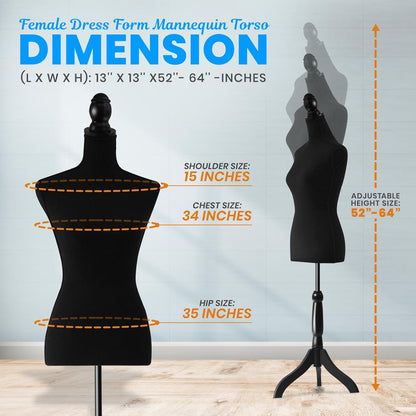 Female Mannequin Dress Form, Adjustable Stand, Foam Torso, Black