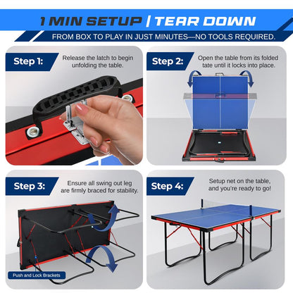 Portable Ping Pong Table Set, Space-Saving MDF, Blue, 6'x3' Foldable Design