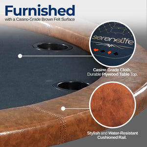 8-Player Foldable Poker Table, Water-Resistant Rail, Brown Felt Surface