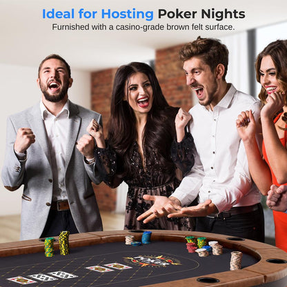 10-Player Foldable Poker Table, Water-Resistant Rail, Brown Felt Surface