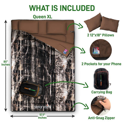 Double Sleeping Bag With Two Pillows- Lightweight & Waterproof Sleeping Bag For Adults Or Teens, For Camping, Backpacking Or Hiking, Includes Carrying Bag (Real Trees)