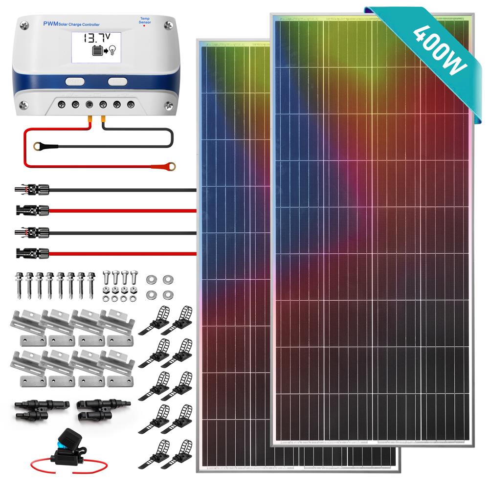 2 Pcs. Portable Mono Solar Panel Starter Kit - 400W Off-Grid Solar Panel Kit With 30A Pwm Controller With Lcd Screen