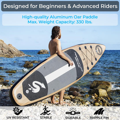 Inflatable Paddle Board - Stable Non-Slip Deck, 10'6", Wood Finish