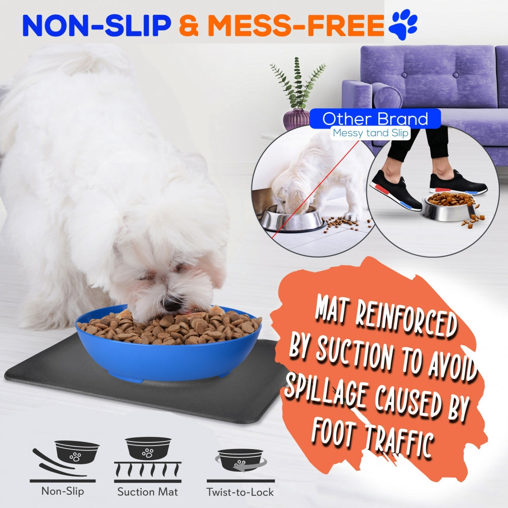 Pet Bowl & Mat Set, Mess-Free Feeding, Non-Slip, Easy Clean, Blue