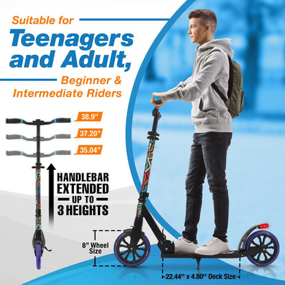 Trottinette pour adolescents et adultes, plateau réglable en alliage, design graffiti 