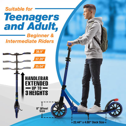 Trottinette pliable pour adolescents/adultes, conduite fluide, plateau en alliage, bleu 