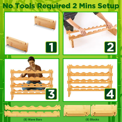 4 -Tier 24 Bottle Capacity Bamboo Stackable Wine Rack, Wobble-Free Modular Display Shelves (Natural)