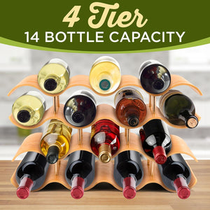 Bamboo Wine Rack 4-Tier Space-Saving Stackable Design Holds 14 Bottles