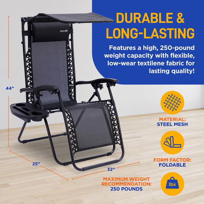 Outdoor Adjustable And Foldable Zero Gravity Lounge Chair Recliners With Canopy, Plastic Cup Holder Side Table And Pillow, 2 Pack, (Black)