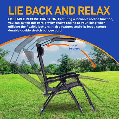 Outdoor Adjustable And Foldable Zero Gravity Lounge Chair Recliners With Canopy, Plastic Cup Holder Side Table And Pillow, 2 Pack, (Black)