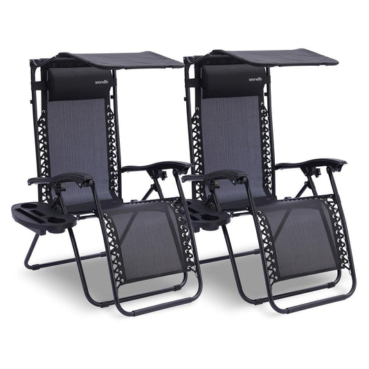 Outdoor Adjustable And Foldable Zero Gravity Lounge Chair Recliners With Canopy, Plastic Cup Holder Side Table And Pillow, 2 Pack, (Black)